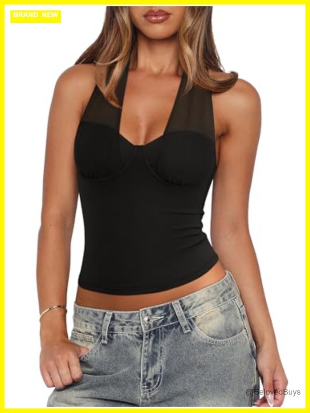 REORIA Mesh Halter Double Lined Deep V Neck Backless Cami Party Club Top